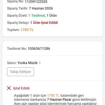 Yonka Müzik Market’ten Org Siparişi Gelmedi Ve 1750 TL İade Sorunu