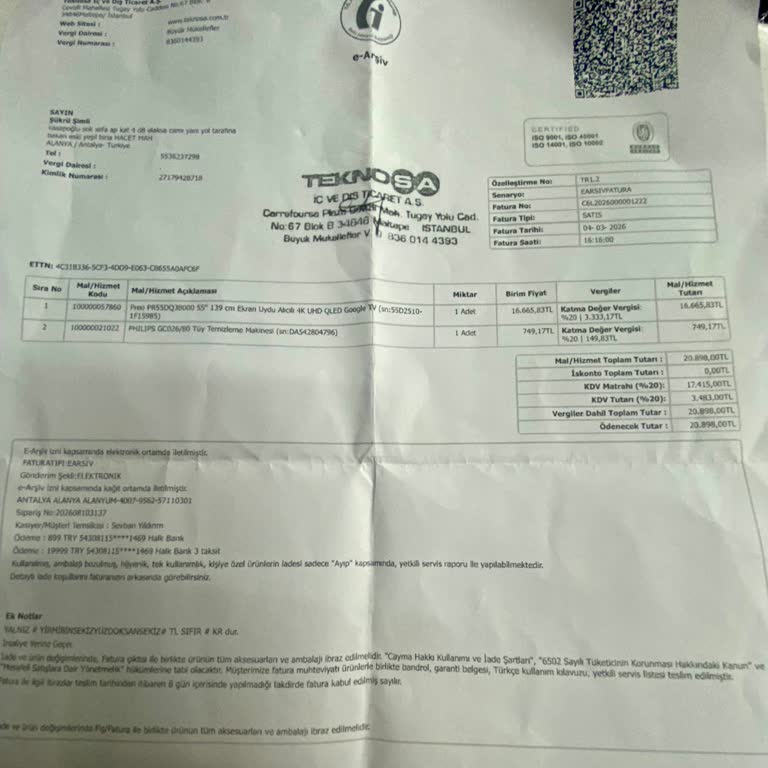 Alanyum AVM'den Alınan TV Kısa Sürede Arızalandı, Değişim Talebim Reddedildi