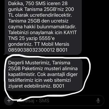 Üçüncü Ayı Verilmeyen TNS 25 Paketi