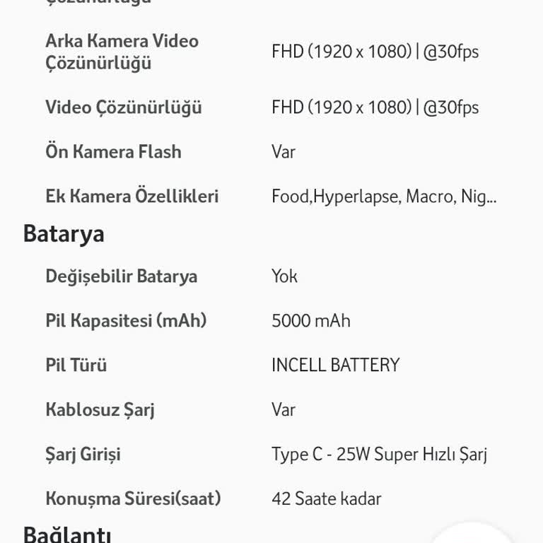 Vodafone Yanımda Uygulamasında Samsung A17 Kablosuz Şarj Bilgisi Hatalı