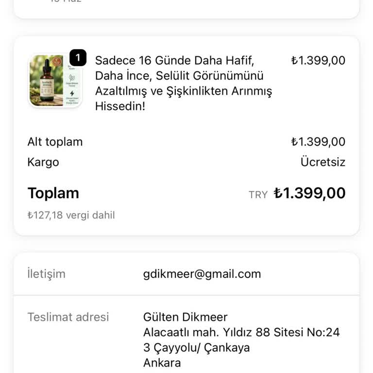 Alvora’dan Sipariş Edilen Lenfatik Drenaj Damla Ürünün Kargoya Verilmemesi Ve İade Talebi