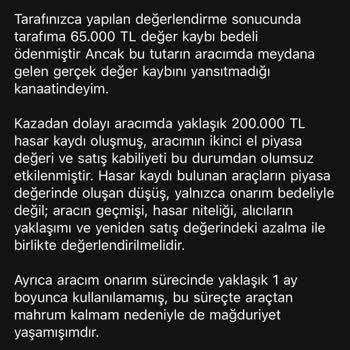 Neova Sigorta Değer Kaybı Ödemesi Yetersiz