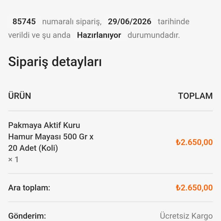 Kuru Maya Siparişi Kargoya Verilmedi Ve İade İstiyorum
