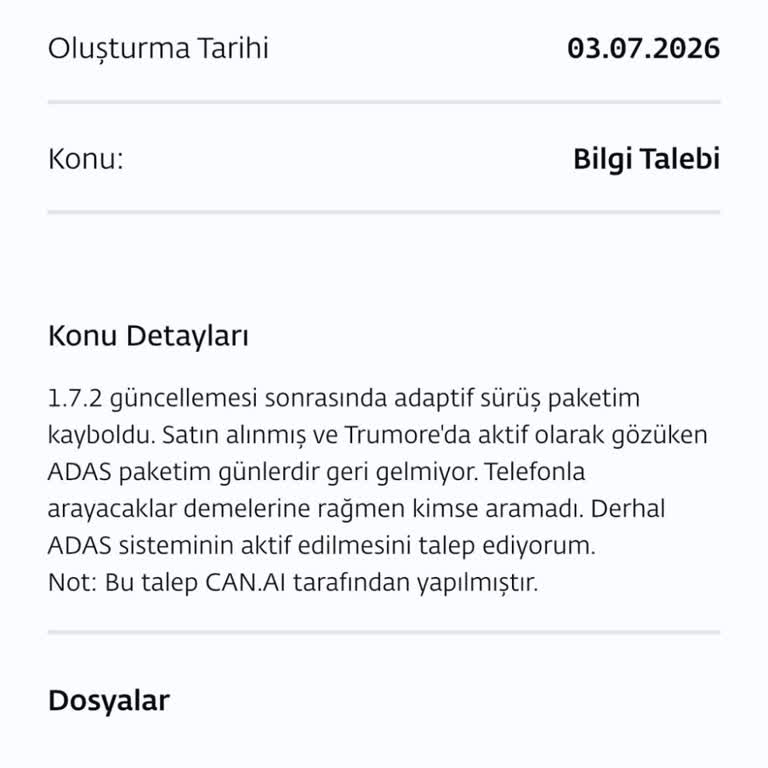 Adaptif Sürüş Paketi Güncelleme Sonrası Kayboldu Ve Destek Geri Dönüş Yapmadı