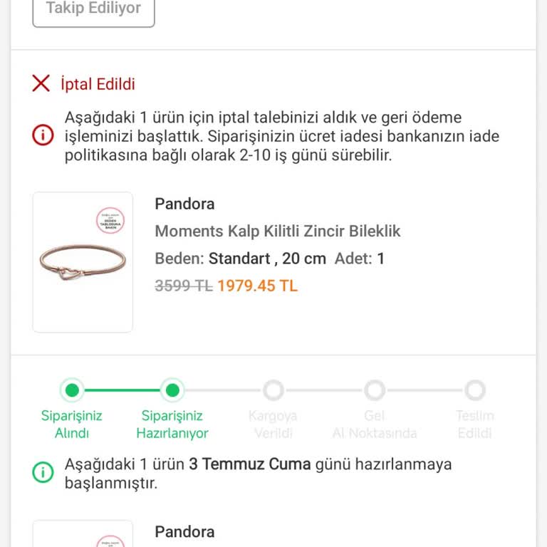 Trendyol Pandora Ürünün Yanlış Fiyat Nedeniyle İptali Ve Gönderilmesi Talebi