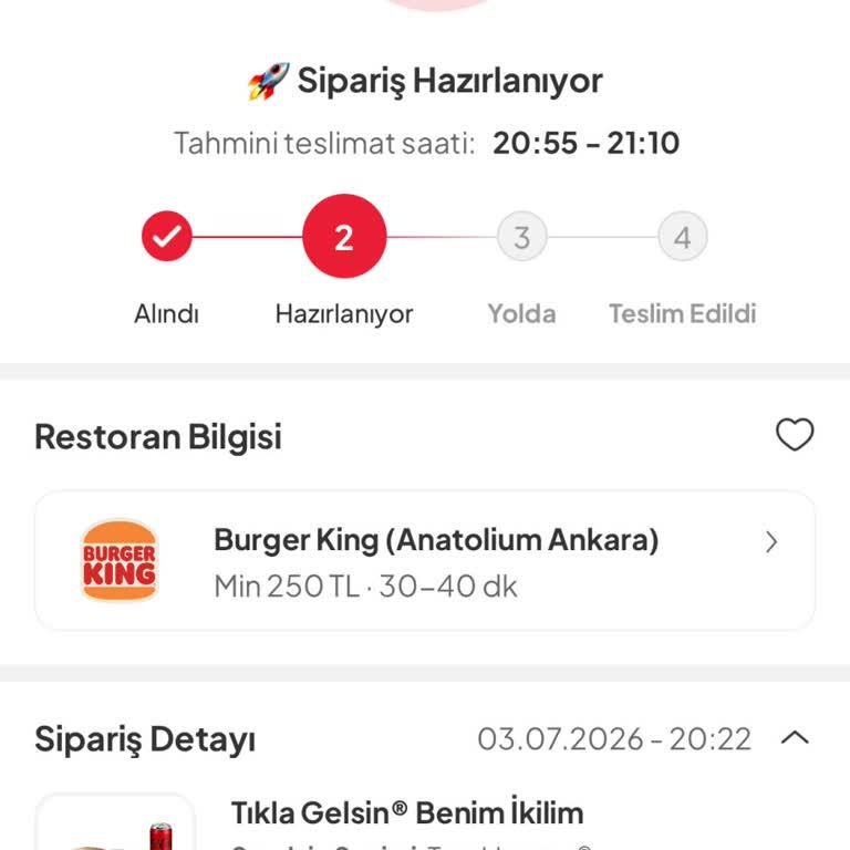 Ankara Anatolium Burger King Siparişimin Gecikmesi Ve Canlı Destekte Yardım Alamama