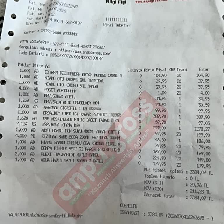 Silivri Anpa Gross'ta Tek Tuvalet Kağıdı Alışverişinde Fazladan Çekilen Ücret