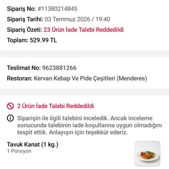 Trendyol Yemek Kervan Kebap Ve Pide Çeşitleri Yanlış Ve Kalitesiz Sipariş, İade Talebim Reddedildi