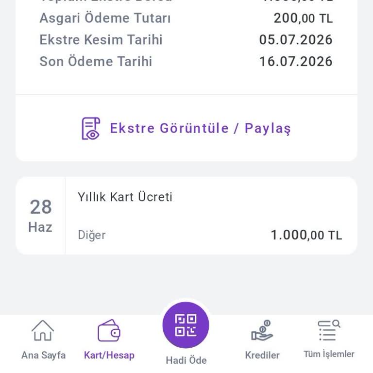 İlan Edilmemiş 1.000 TL Yıllık Kart Aidatı Ve Müşteri Hizmetlerine Ulaşılamama