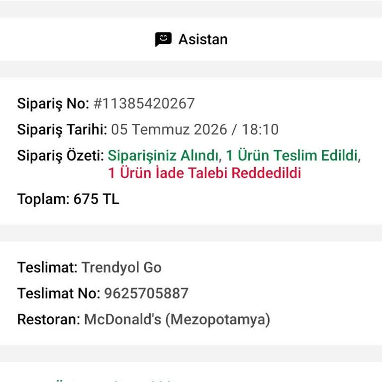 Uber Eats McDonald's’s Siparişinde Üç Burger Eksik, İade Reddi