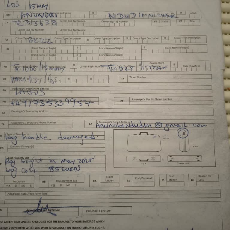 Turkish Airlines beschädigter Koffer auf Flug TK1668/TK628 – keine Antwort