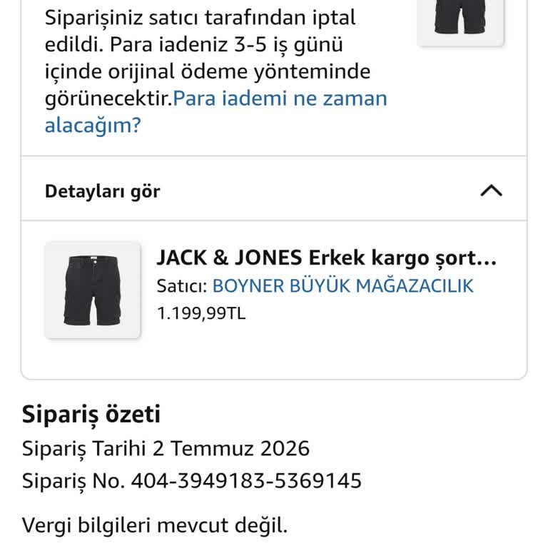 Boyner Tarafından Açıklamasız Sipariş İptali
