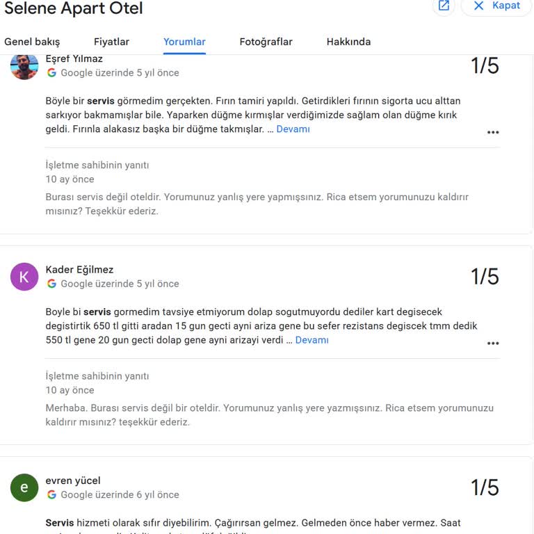 Google Kaydındaki Yanlış Teknik Servis Yorumları Selene Apart Otel'den Silinmeli