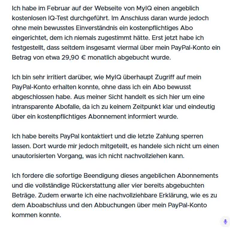 MyIQ kostenloser IQ-Test führte zu unerwünschtem PayPal-Abo