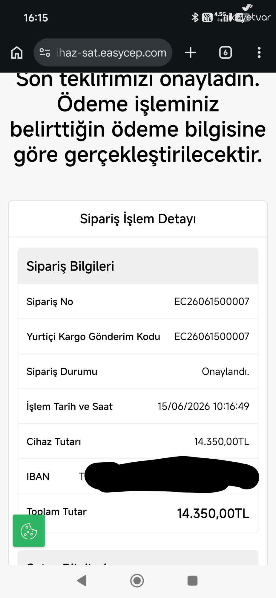 EasyCep'in 14.350 TL'lik Takas Ödemesini Yapmaması Müşteriyi