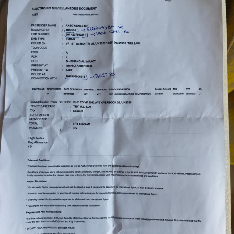 Ajet'in Fazla Bilet Satışı Nedeniyle Uçuşa Kabul Edilmemem Ve Ödeme Alınmaması