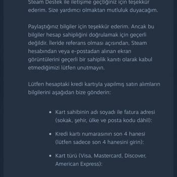 Steam Destek Talebinde Eski Kart Bilgisi Şartı Nedeniyle Hesaba Erişememe