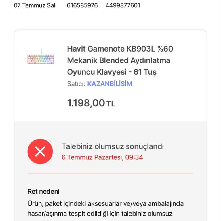 Satıcının Haksız İade Reddi Ve 1.198 TL Geri Ödeme İsteği