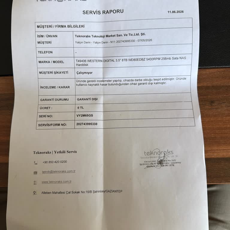 Arızalı Harddisk Ve Tek Taraflı Servis Raporu Nedeniyle İade Reddi