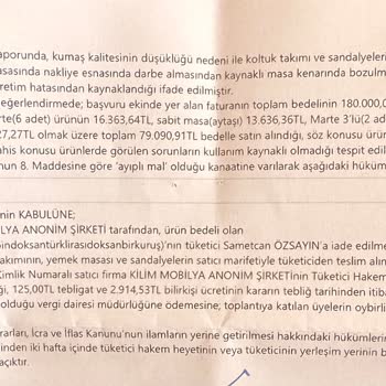 Teslimat Gecikmesi, Yanlış Ürün Ve Ayıplı Koltuk Takımının İadesi İçin 80 Bin TL Geri Ödeme Talebi