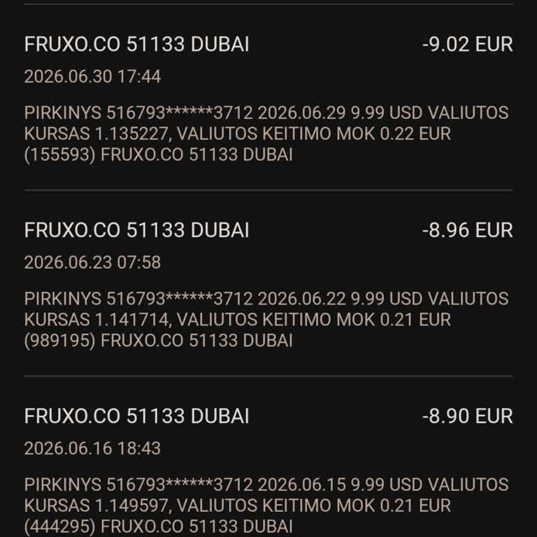 Fruxo.co незаконно списал около 44,71 евро с карты Swedbank
