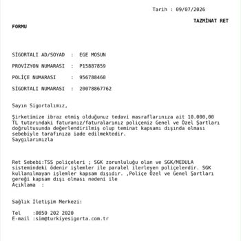 Anlaşmasız Kurumda Pev Alçılama Ücreti İçin Geri Ödeme Reddi