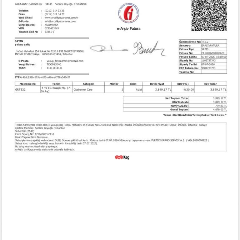 Oliz Üzerinden Alınan Garanti İçin Kurumsal Faturanın Kesilmemesi