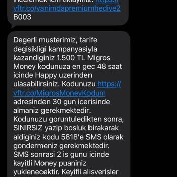 Sınırsız Tarifeye Geçen Vodafone Müşterisinin Migros Money Kodu Almaması