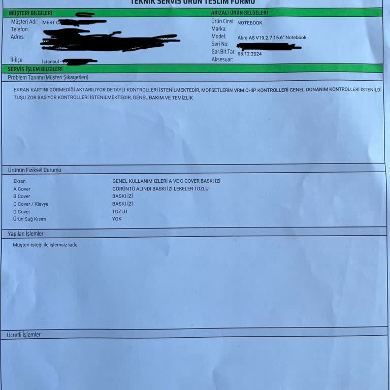 Ücretsiz Bakım Gerçekleşmedi, Tanı Raporu Olmadan Sadece Ana Kart Değişimi Teklifi