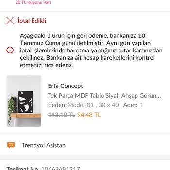 Trendyol’da İptal Edilen Siparişin 172 TL’lik İadesi Bankaya Yansımıyor