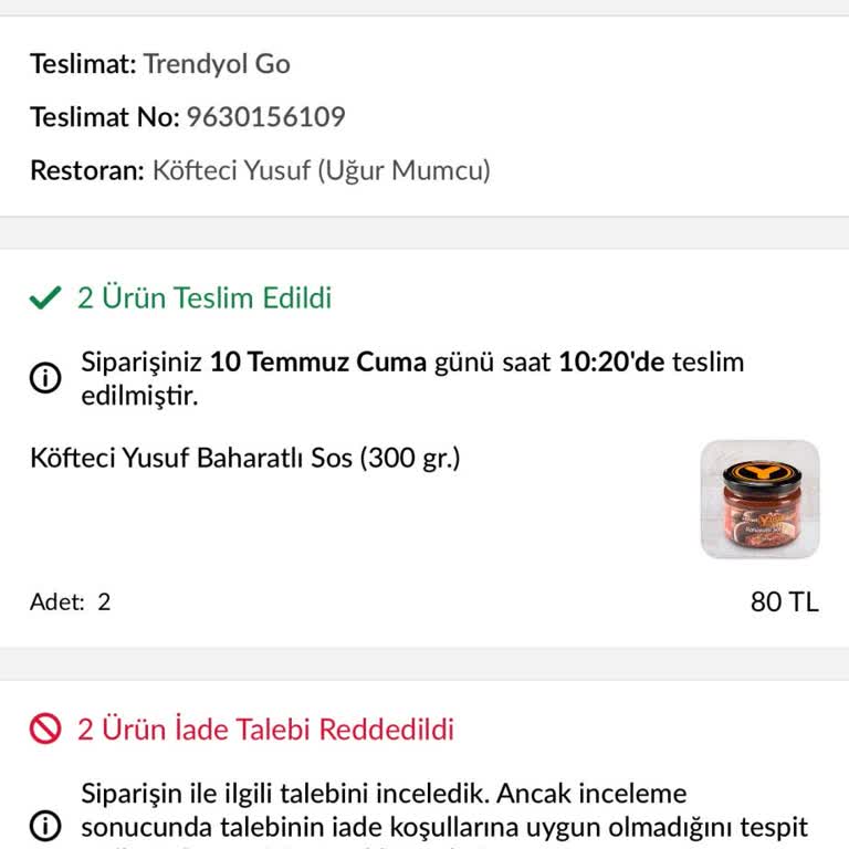 Teslim Edilmeyen 600 Gram Sucuk İçin 540 TL İade Talebi