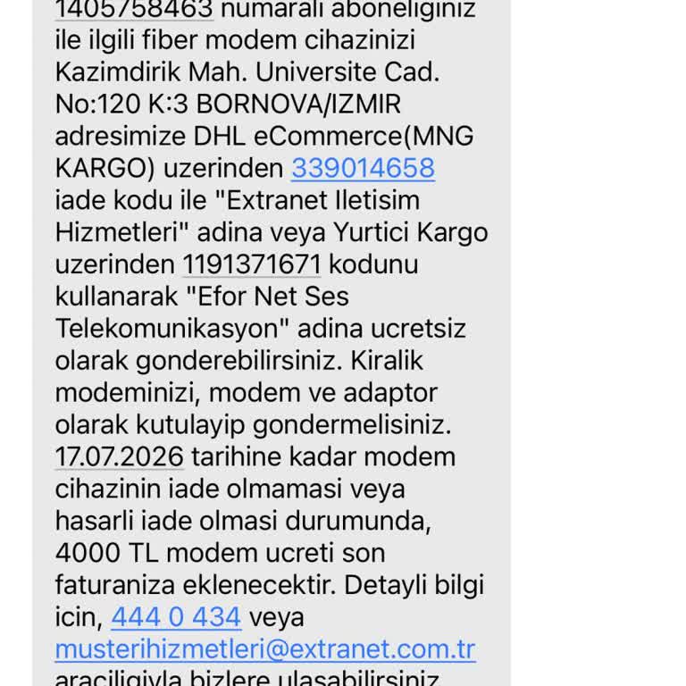 Ücretsiz Anlaşmalı Kargo Bulunmadığı İçin Modem İadesi Sorunu