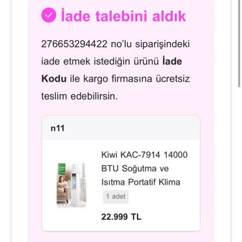 N11'de Portatif Klima İade Kodu Oluşturulamıyor