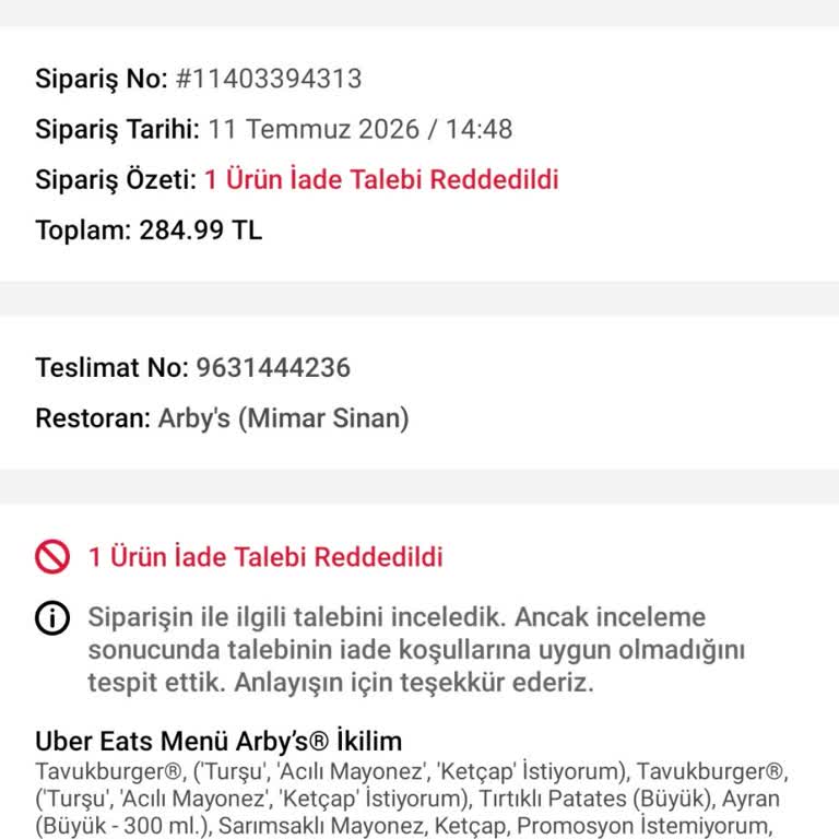 Yanlış Sipariş Ve İade Reddi: Teslim Edilmeyen Ücretli Yemek