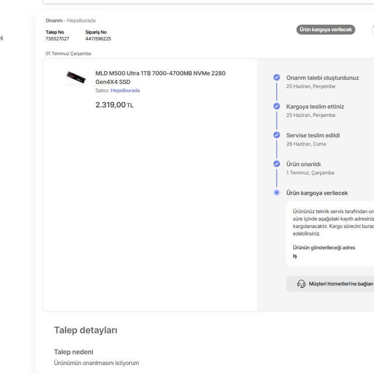 Garanti Kapsamındaki SSD Onarımının Kargoya Çıkmaması