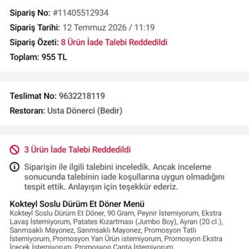 Trendiyol GO'da Bozulmuş Dönerci Ürünleri Ve İade Reddi