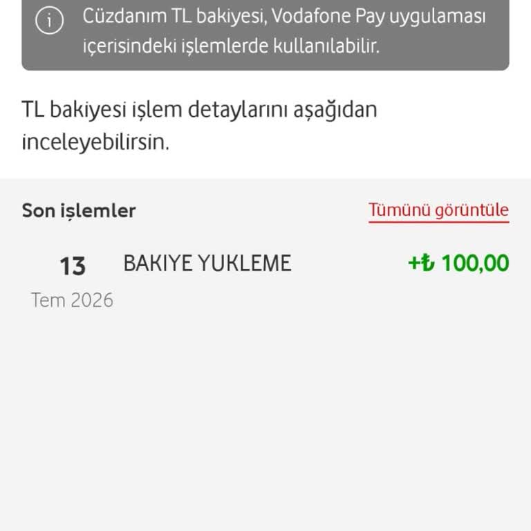 Yüklenen 100 TL Bakiye Vodafone Pay Cüzdanında Görünmüyor