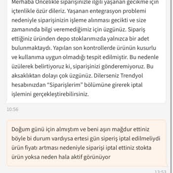 Stokta Olmayan Ve Kusurlu Ürün Satışta Siparişim İptal Edildi