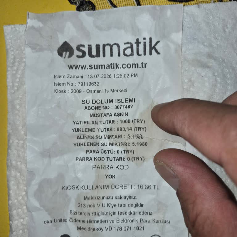 ASKİ Sumatik İşleminde 1000 TL’ye Yetersiz Su Yüklenmesi Ve Şeffaf Fiş Talebi