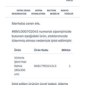Stok Yok Göstermeli Bildirimsiz Sipariş İptali Ve Geri Ödeme Talebi