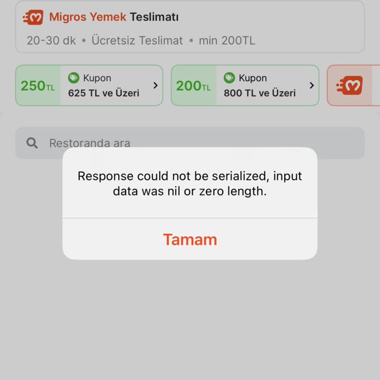 Migros Yemek Uygulamasında Sipariş Sayfası Çalışmıyor Ve Müşteri Hizmetleri Cevap Vermiyor