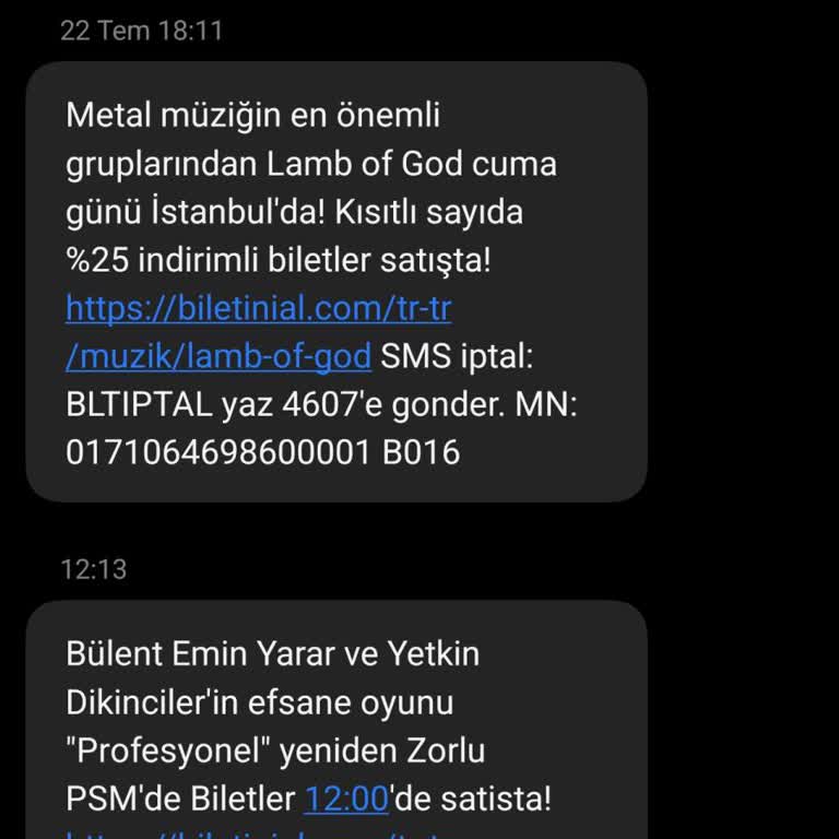 Biletinial'dan Sürekli Reklam SMS'leri Ve Cevapsız Müşteri Hizmetleri