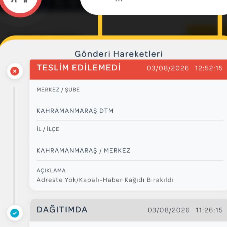 Kahramanmaraş DTM Şubesinde Kargo Teslim Edilmedi, Adreste Yok Notu Yanlış