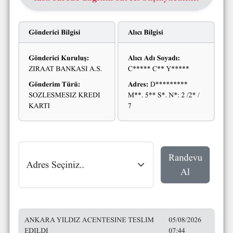 Ziraat Bankası Sözleşmesiz Kredi Kartı Kuryenet'te Teslim Edilmedi