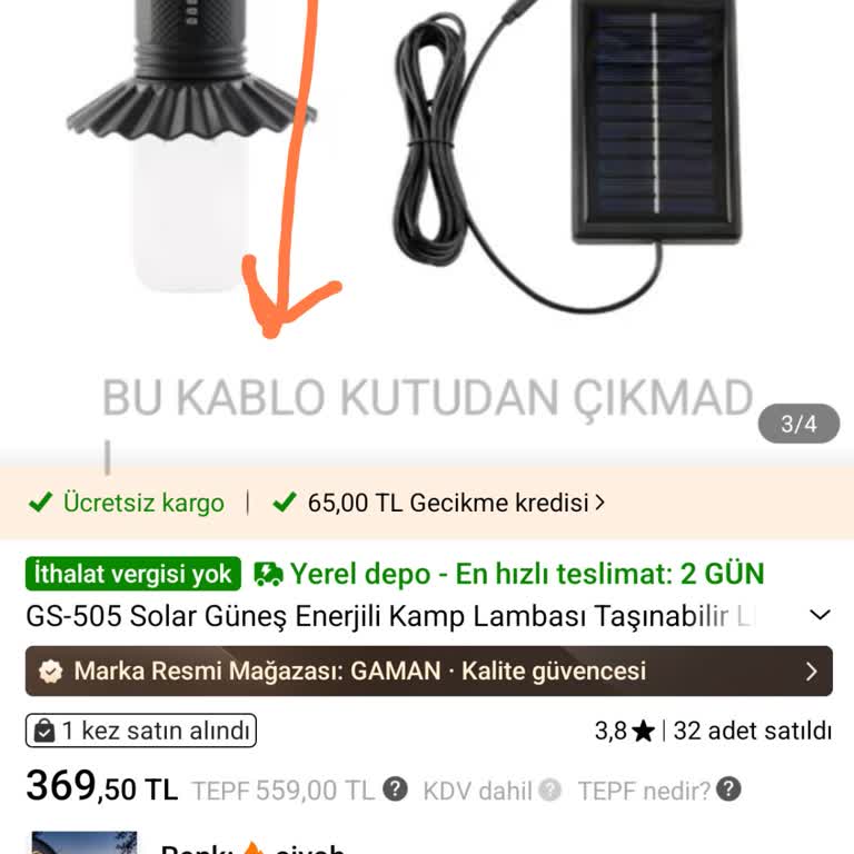 Şarj Kablosu Olmadan Gelen Kamp Lambası İlanı Yanıltıcı
