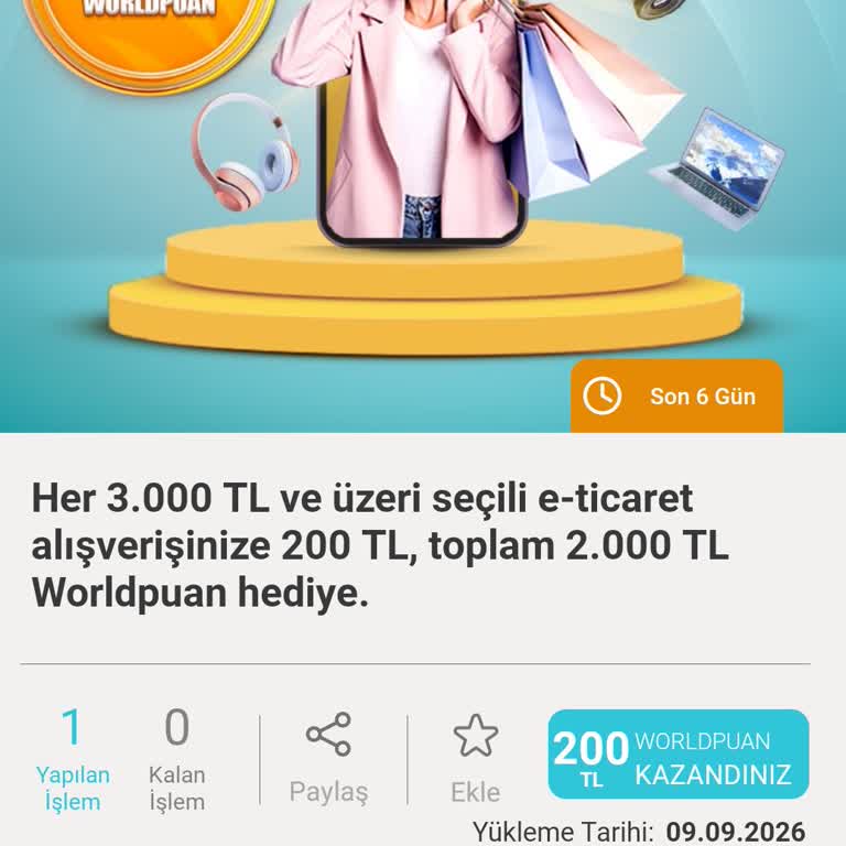Worldpuan Kampanyasında Alışverişe Ait 200 TL Puanı Yüklenmedi