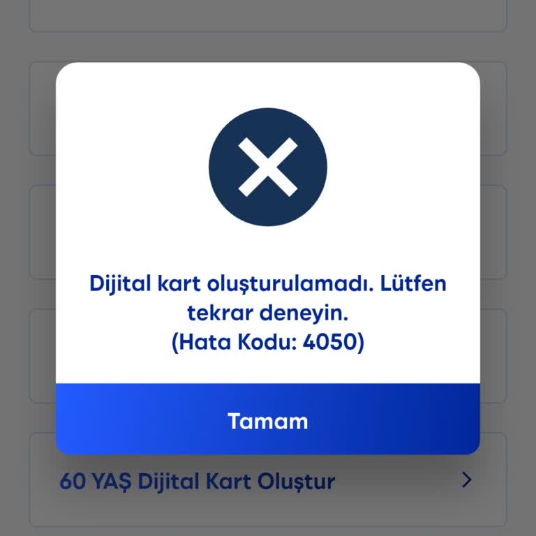 İzmirim Kart Mobil Uygulamasında 4050 Hata Kodu Dijital Kart Oluşturulamıyor