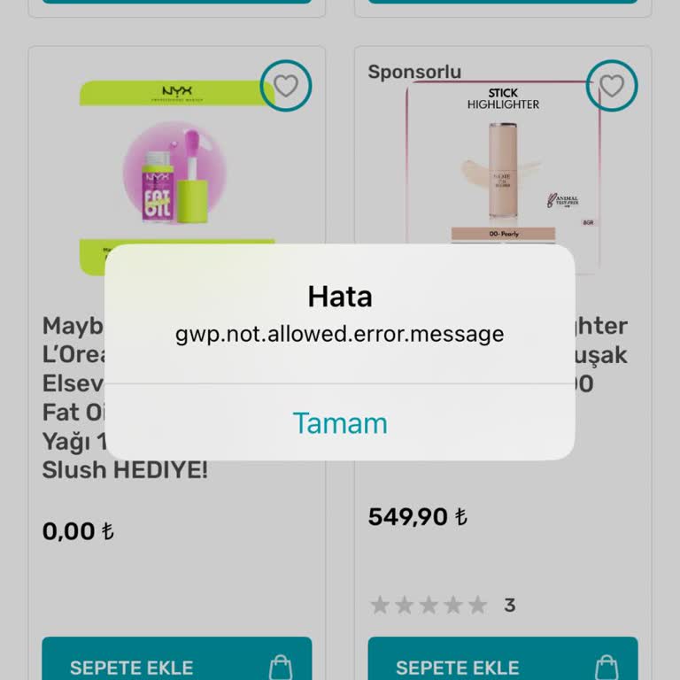 Watsons Mobil Uygulamasında NYX Kampanyası Hatası Ücretsiz Ürün Sepete Eklenmiyor