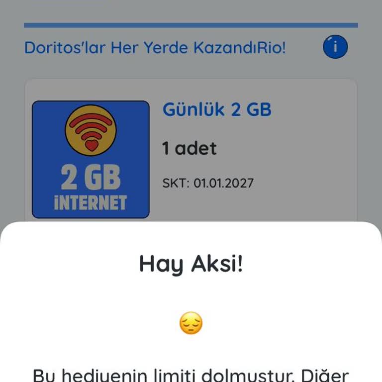Doritos Kampanyasında Limit Dolu Hatası Nedeniyle 2 GB İnternet Hediyesi Alınamıyor