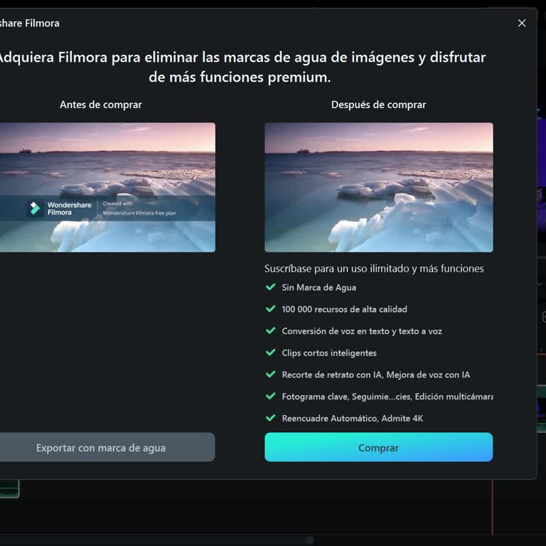 Falla de exportación sin marca de agua, pido validar compra a Wondershare